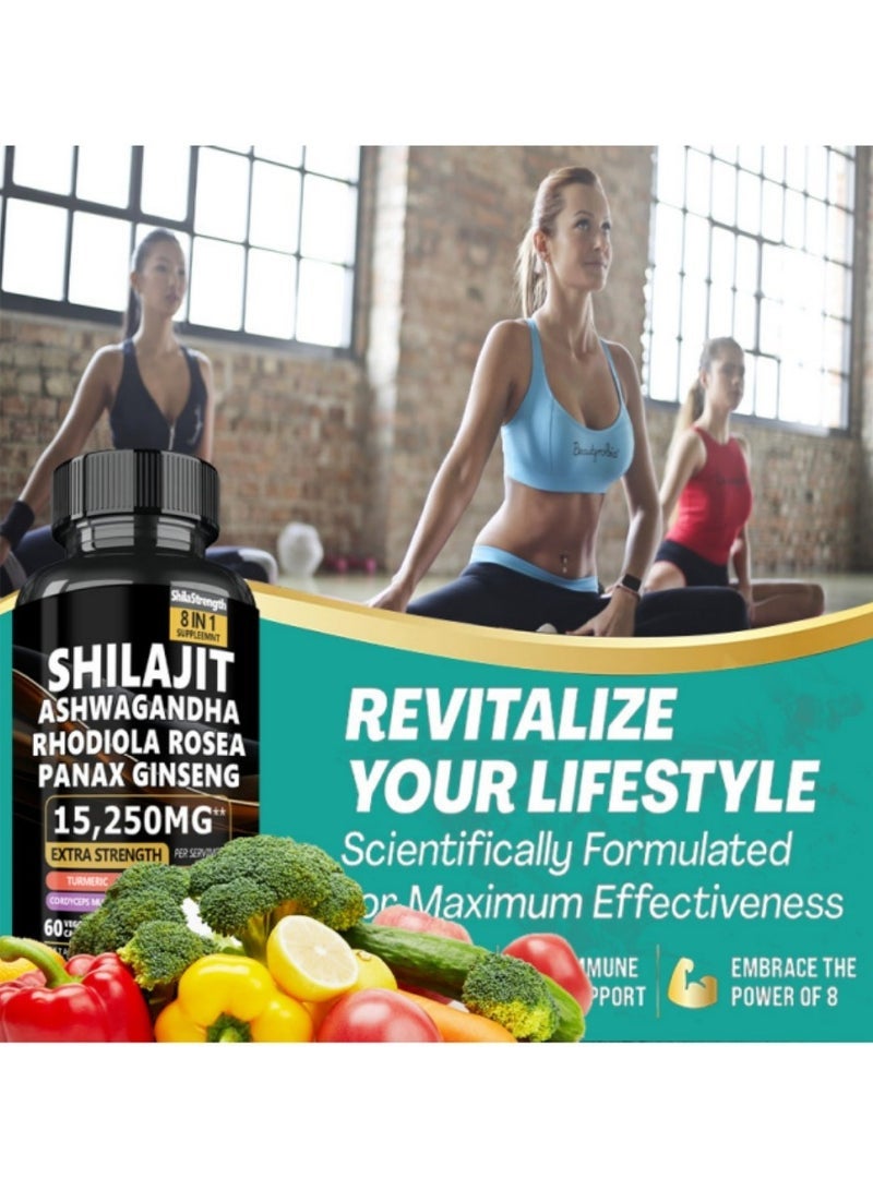 شيلاجيت آر إكس 9000 ملغ من شيلجيت الهيمالايا النقي، 2000 ملغ من معزز طاقة الأشواغاندا، 1000 ملغ من روديولا الوردية، 1500 ملغ من الجنسنغ، 500 ملغ من الكركم، 500 ملغ من الجنكة، 250 ملغ من نبات القراص اللاذع - Image 3